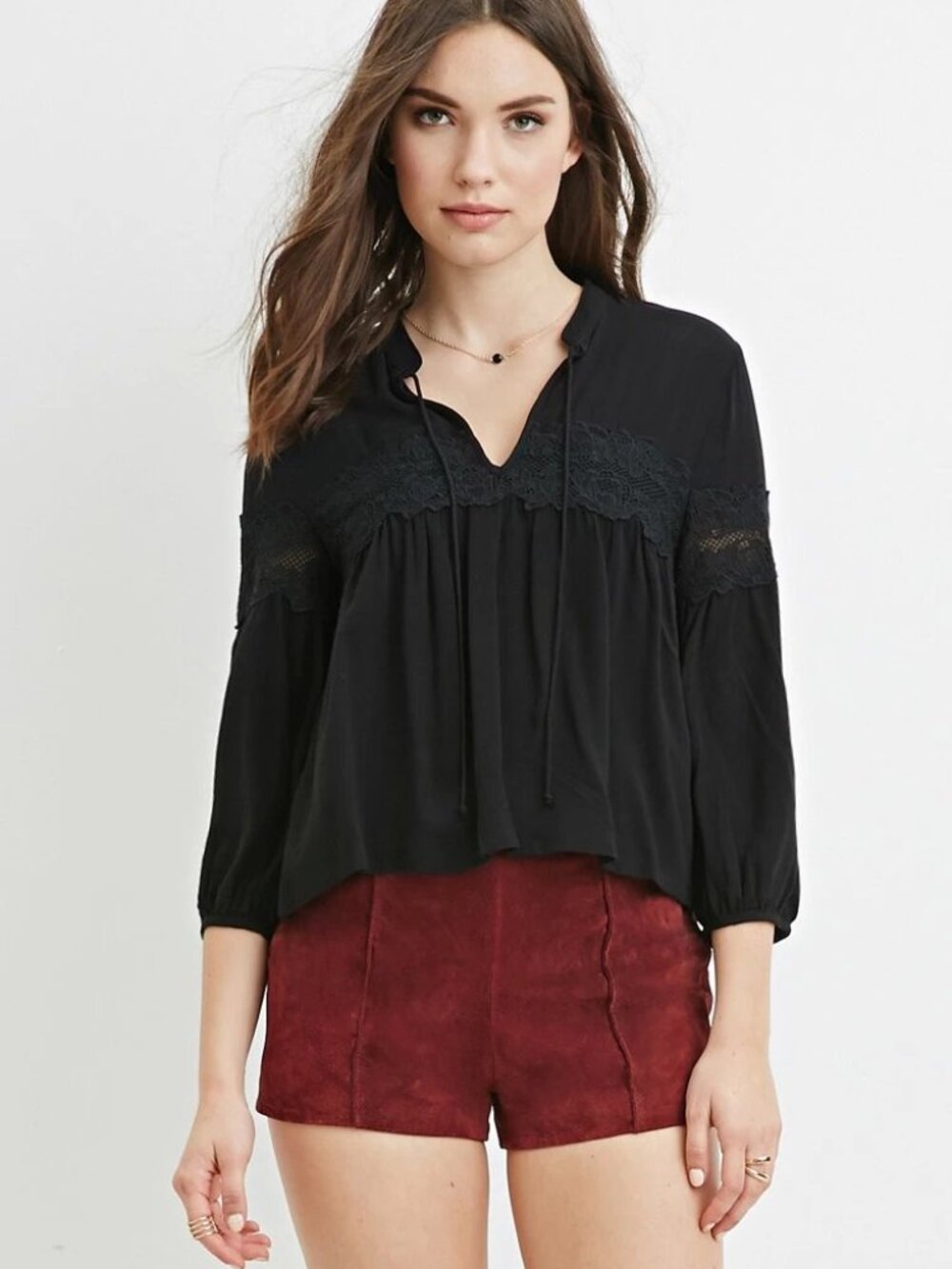 FOREVER 21 Black Floral Lace-Trim Top Large L
